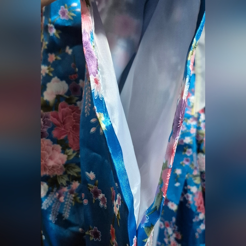 Women Blue Satin Floral Kimono Robe 23"×46" ** No Belt - Picture 10 of 11